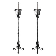 Pair of French Art Deco Wrought Iron Floor Lamps / Torchieres, Gilbert Poillerat