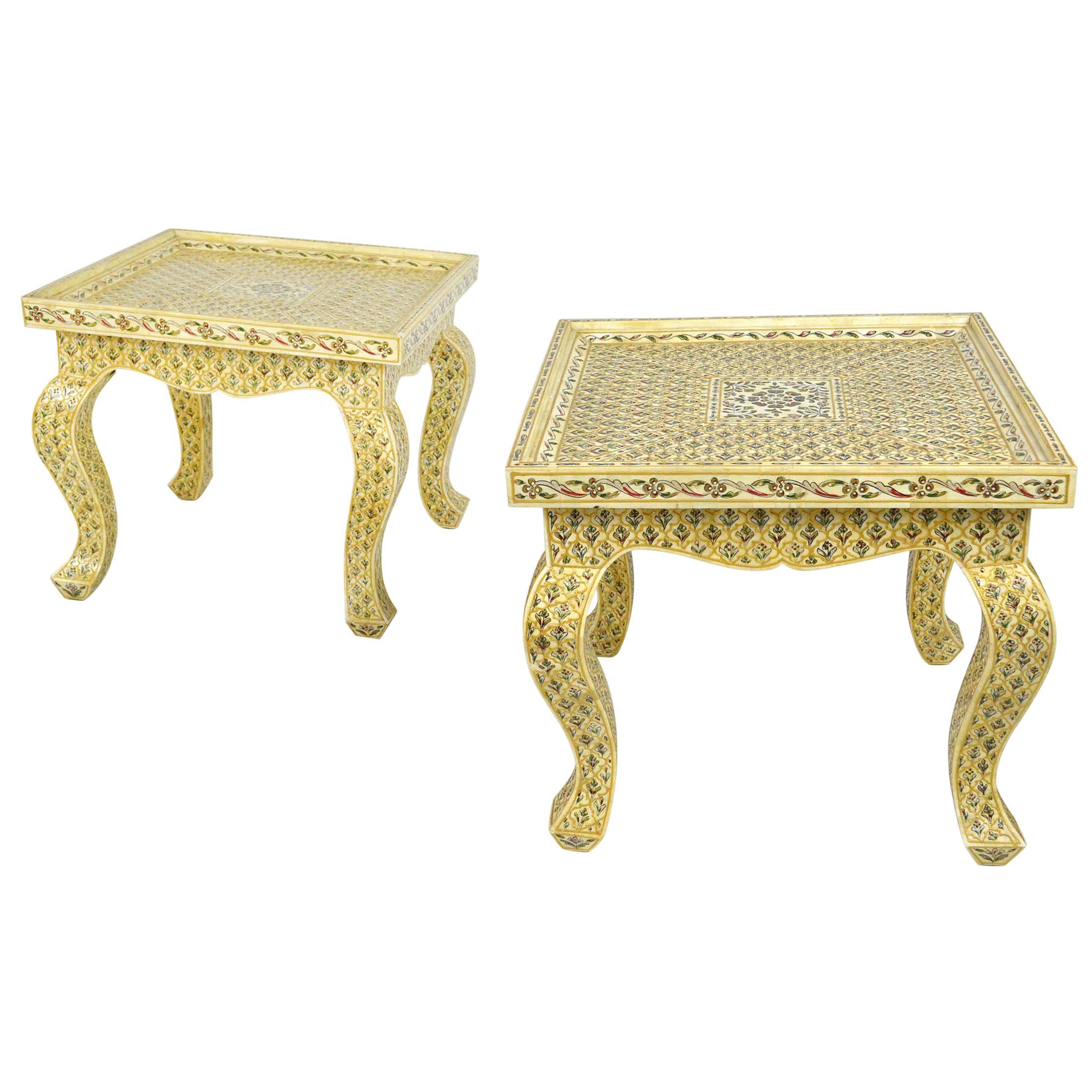 Pair of Bone Inlay Moroccan Style End Tables For Sale