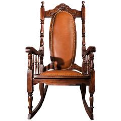 Antique Victorian Era Oak Rocking Chair with Leather, 1890s