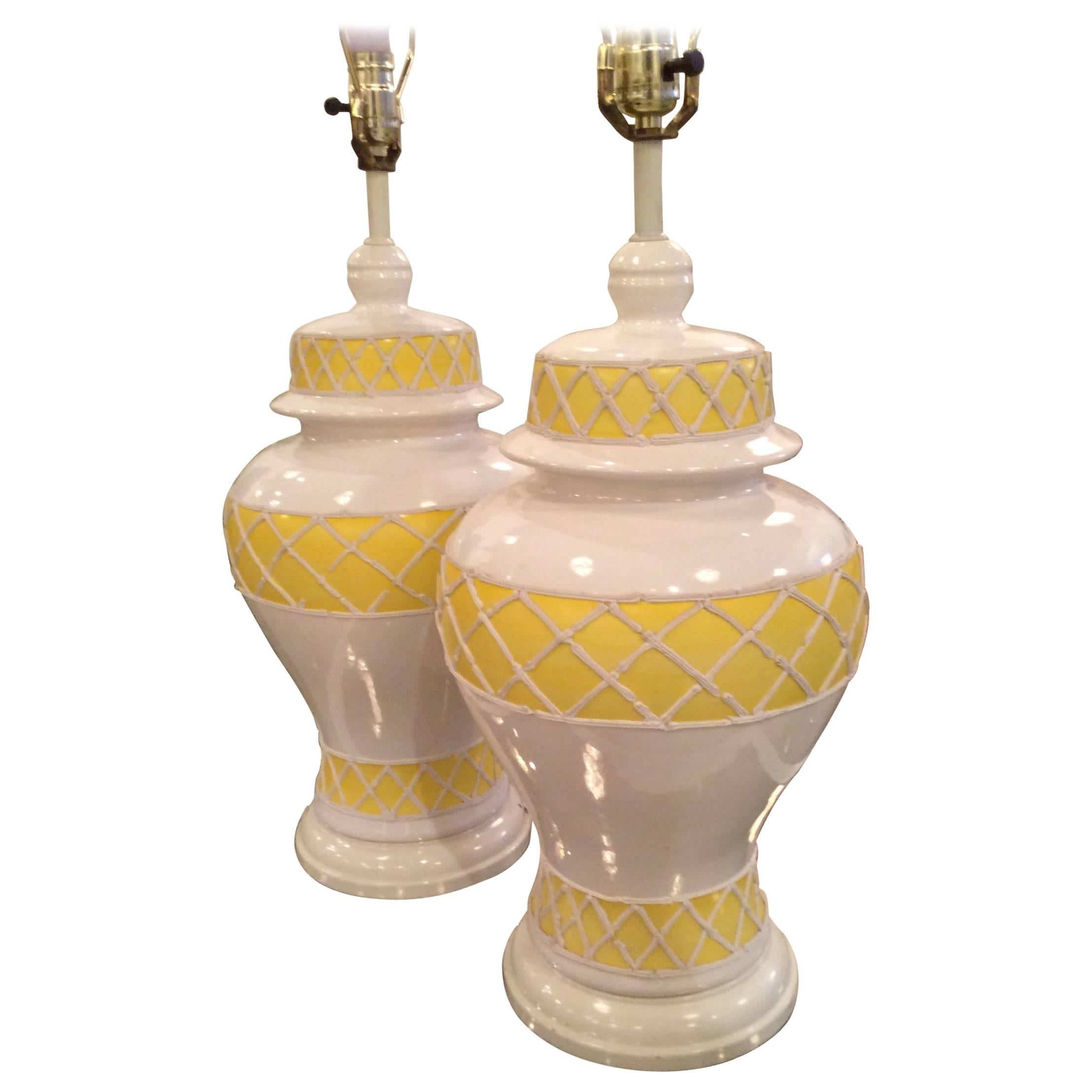 Large Vintage Ginger Jar Icing Table Lamps Pair in Ceramic Yellow, Palm Beach