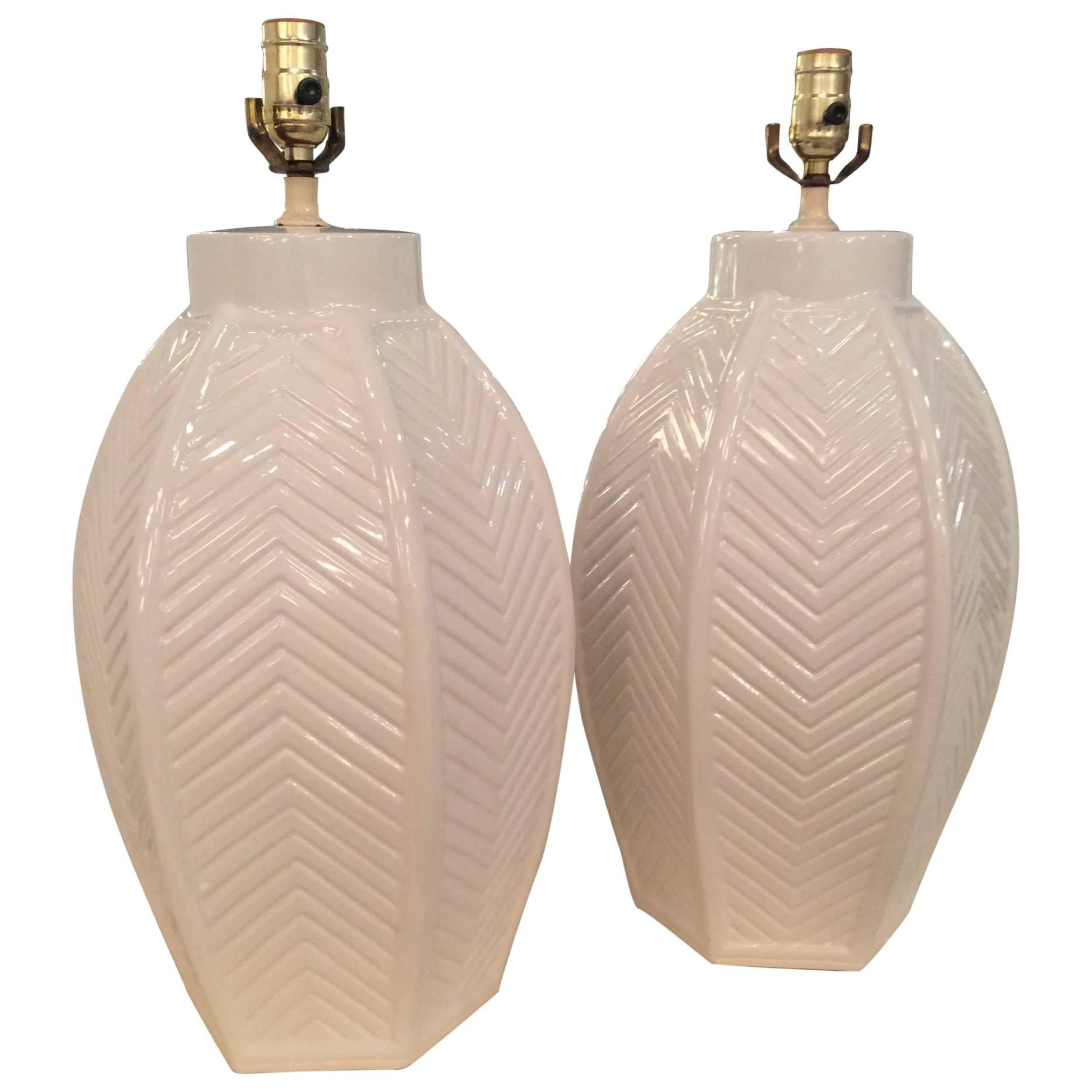 Pair of Vintage Oversized White Ceramic Chevron Table Lamps, Hollywood Regency For Sale