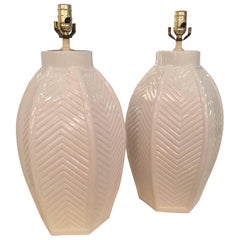 Pair of Vintage Oversized White Ceramic Chevron Table Lamps, Hollywood Regency