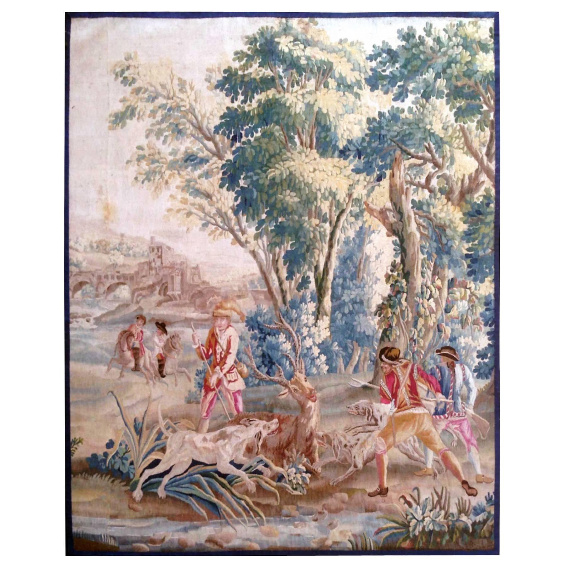 Tapestry of Auvusson, 18th Century, Scene of Hunting at Cours Au Cerf For Sale