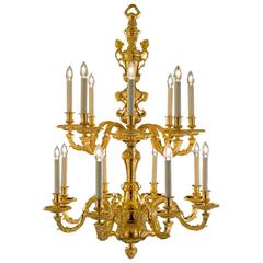 Gilt Metal 16 Branch Two-Tier Chandelier in the Style of Andre Boulle