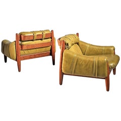 Pair of Oak Lounge Chairs with Green Leather Cushions