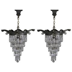 Antique 1900 Pair of Small Glass Wedding Cake Crystal Chandeliers