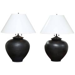 Pair of Late 19th Century Terracotta Wine Vessel Lamps, Black Glaze