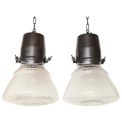 Pair of Oil Rubbed Bronze and Textured Glass Pendant Lights, circa 1970s