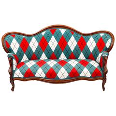 Victorian Settee Upholstered in Custom Diamond and Baratta Argyle Patchwork