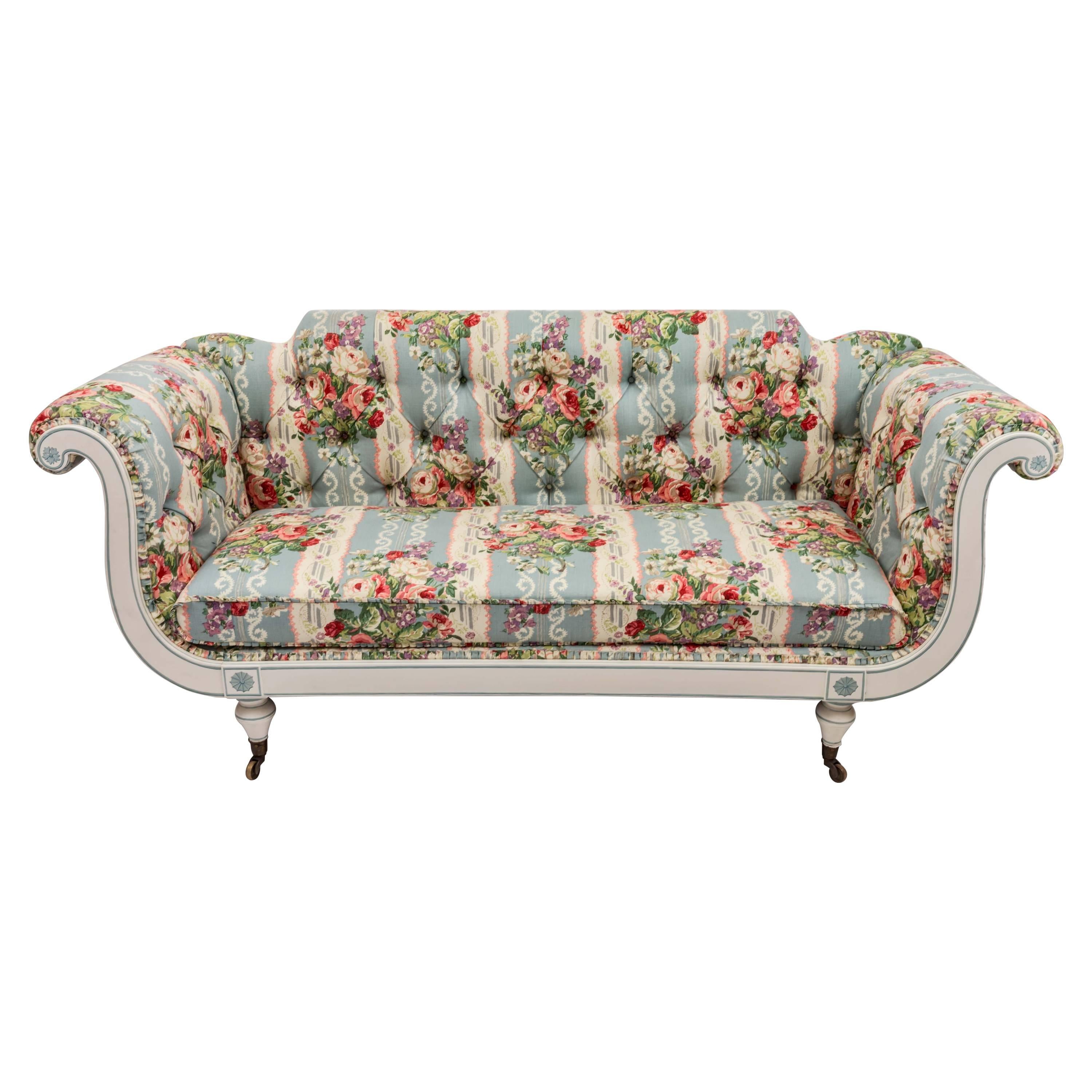 19th Century English Regency Settee in Floral Linen Print Fabric