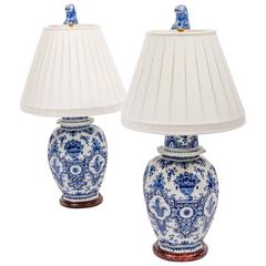 Antique Pair of 19th Century Blue and White Temple Jars Turned Lamps