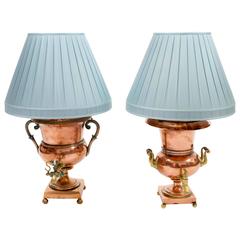 Near Pair of 19th Century Copper and Brass Russian Samovar Urn Lamps