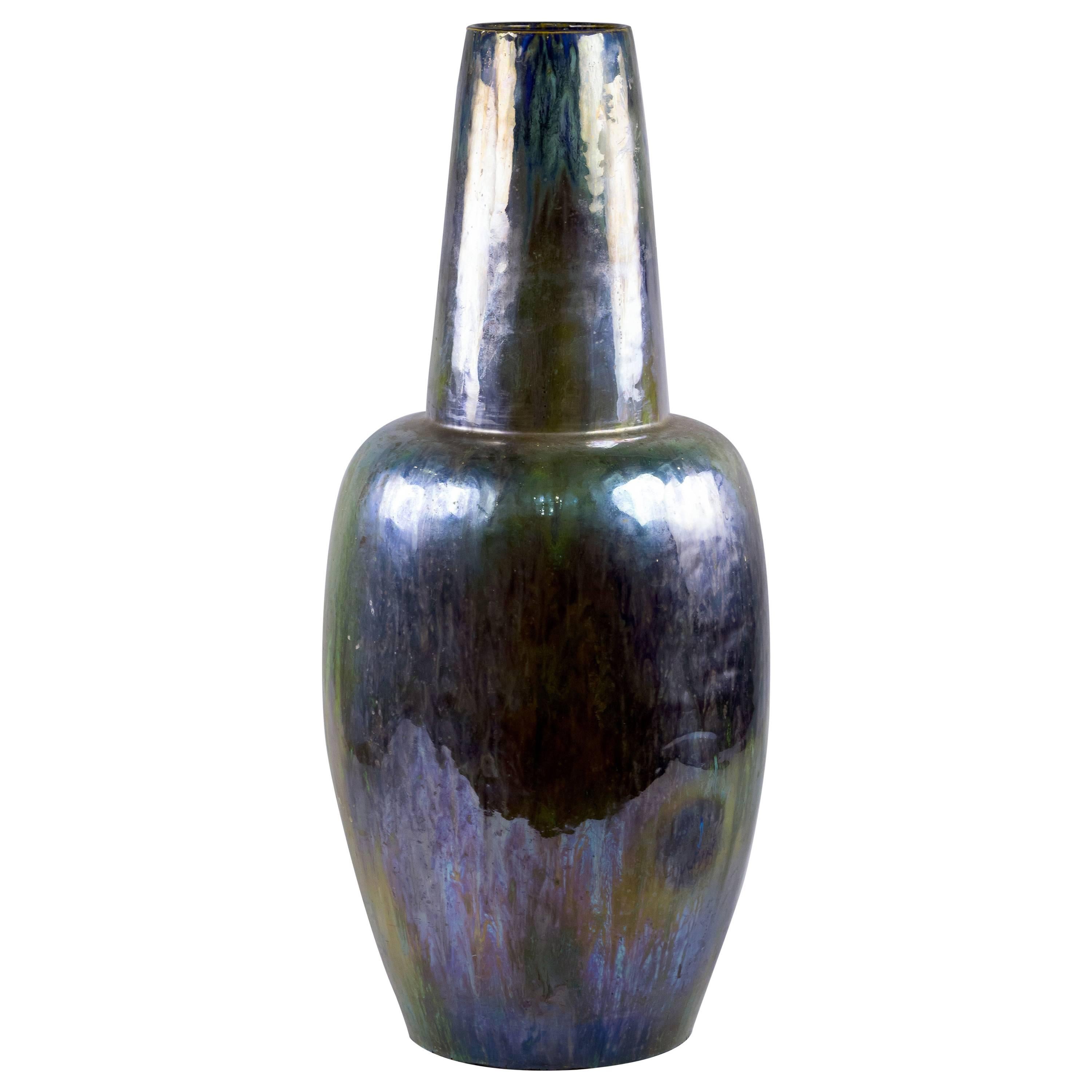 Large Art Nouveau French Pottery Iridescent Flambe Vase, circa 1900 For Sale