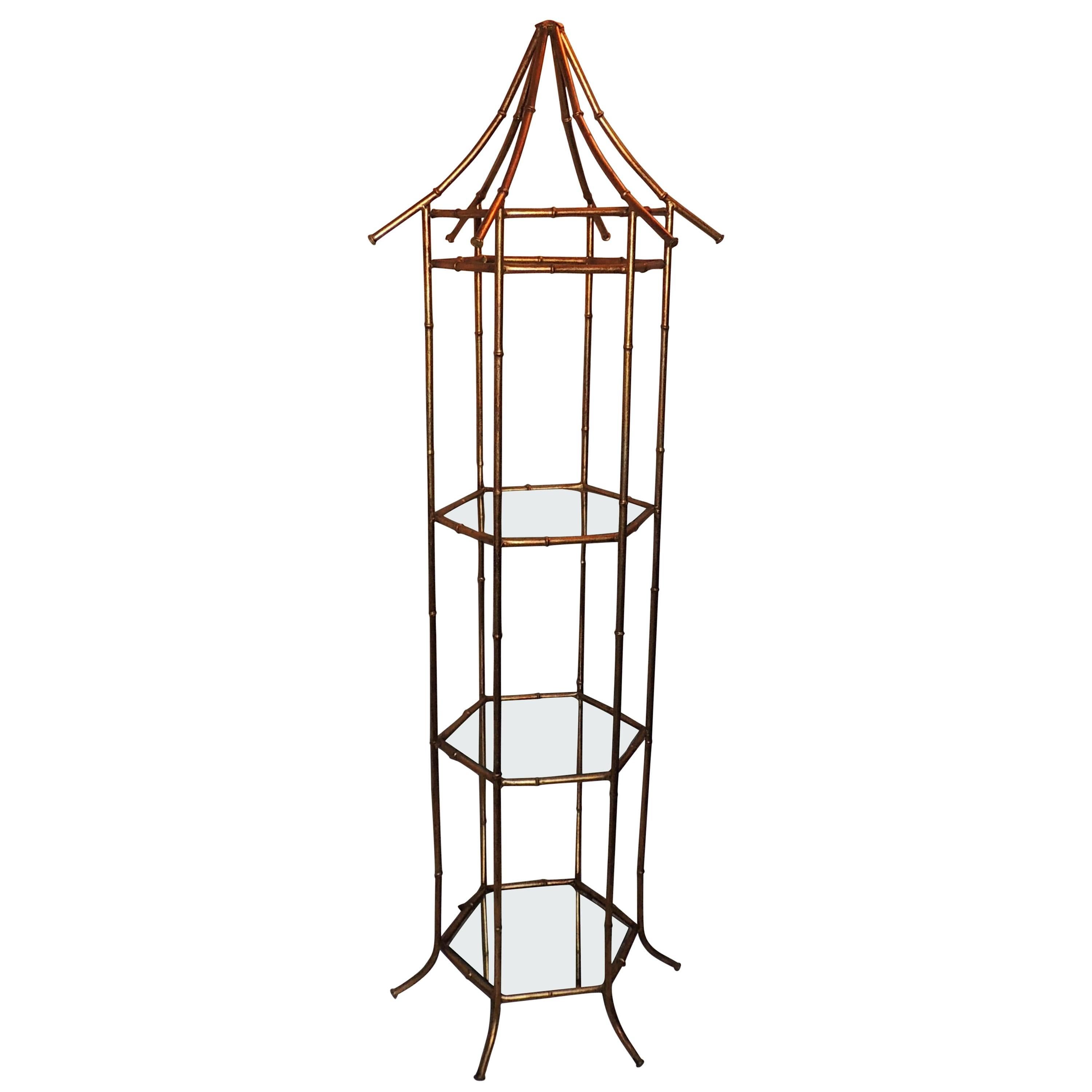 Vintage Mid-Century Bagues Jansen Style Pagoda Tole Gilt Bamboo Etagere