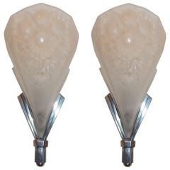 Wonderful Pair of French Art Deco Frosted Floral Glass Nickel Slip Shade Sconces