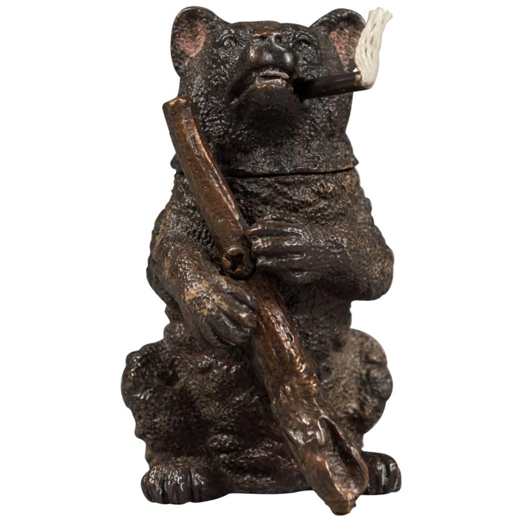 Austrian Bronze Figural Cigar Lighter Modeled as a Bear Holding a Rifle