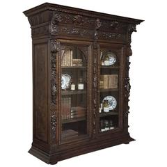 Antique 19th Century French Renaissance Hand-Carved Oak Hunt Bookcase, Ca. 1850