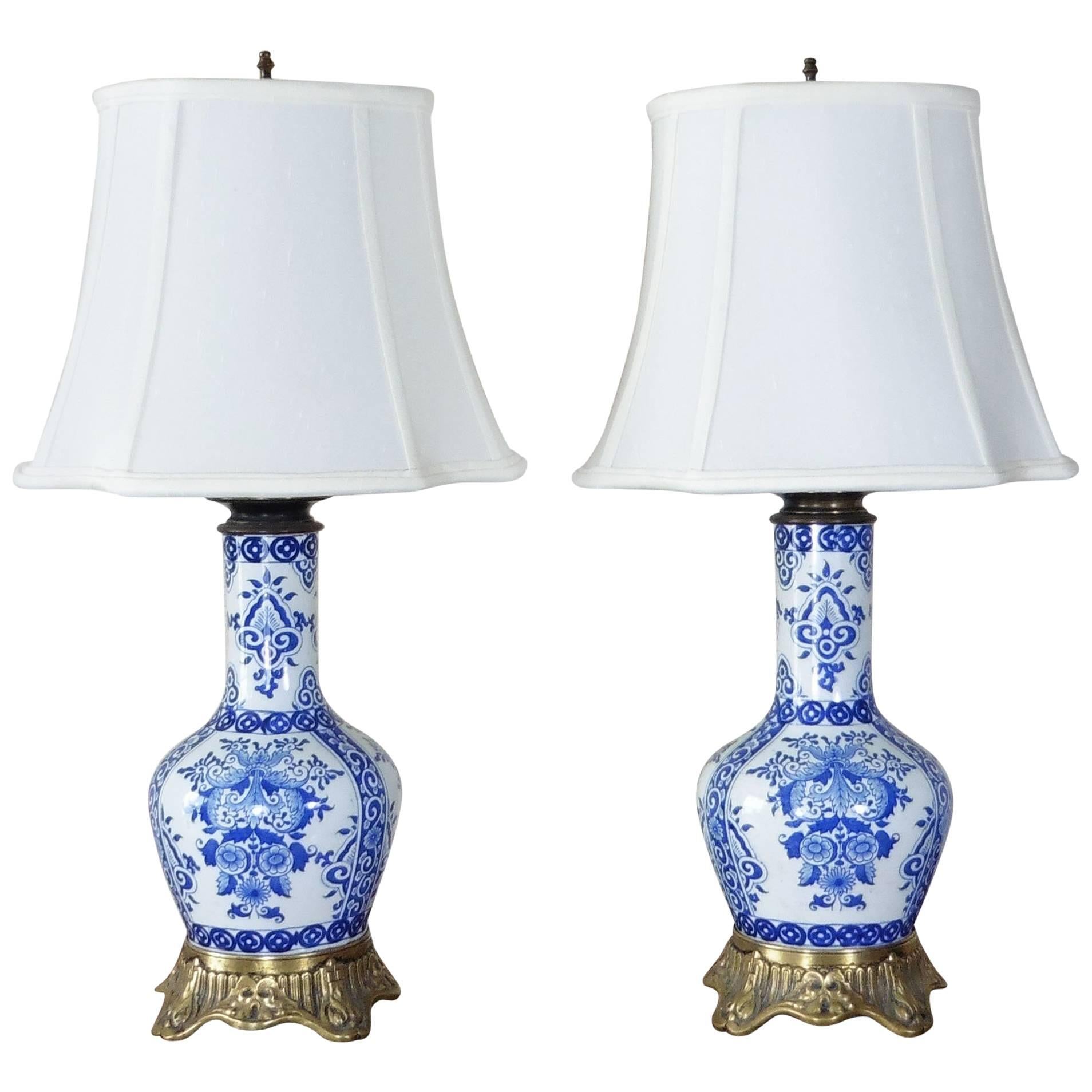 Pair of 19th Century Blue and White Faience Bronze-Mounted Lamps Gien