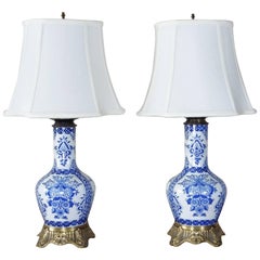 Antique Pair of 19th Century Blue and White Faience Bronze-Mounted Lamps Gien