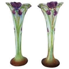 Pair of 19th Majolica Iris Vases Delphin Massier