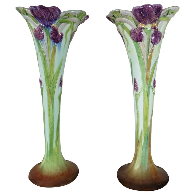 Pair of 19th Majolica Iris Vases Delphin Massier at 1stDibs