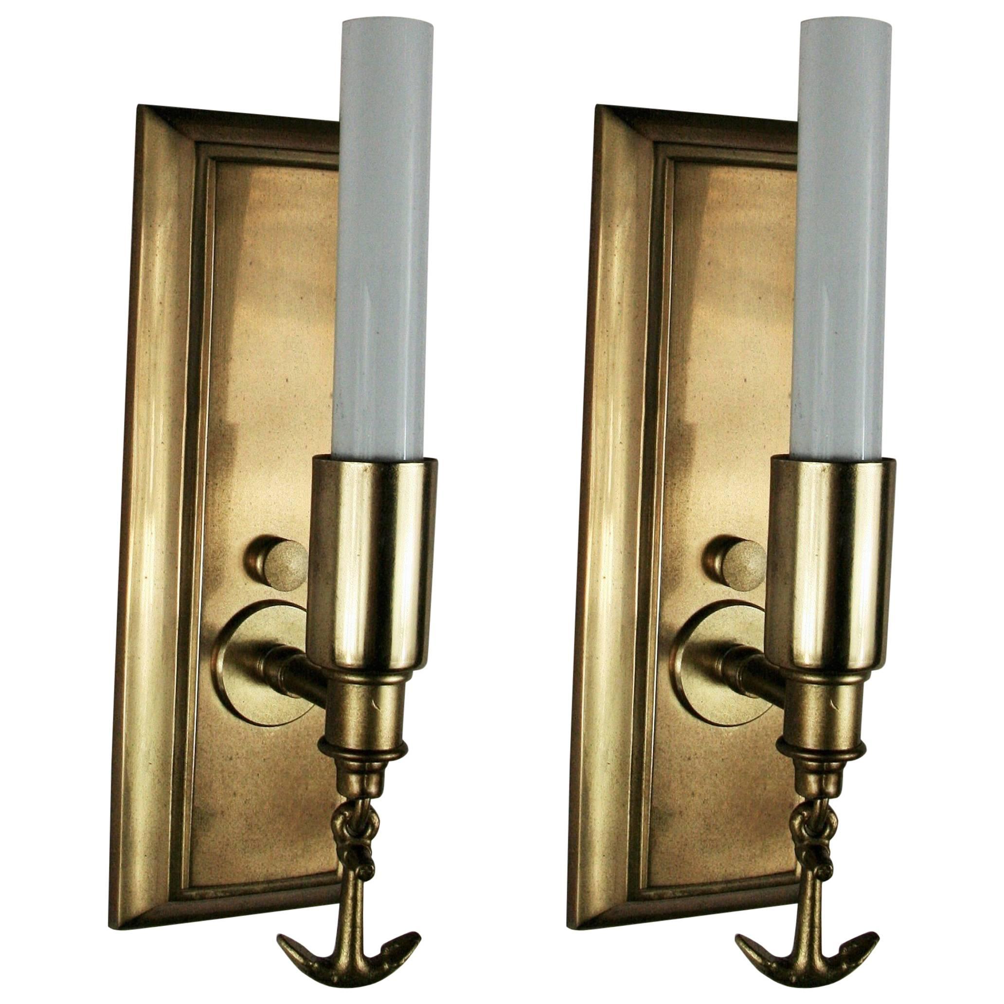 Mid Century Pair of Ships Anchor Nautical Brass Sconces