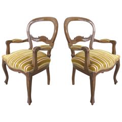 Mid-Century Walnut Balloon Back Armchairs Upholstered in Velvet, Pair 1