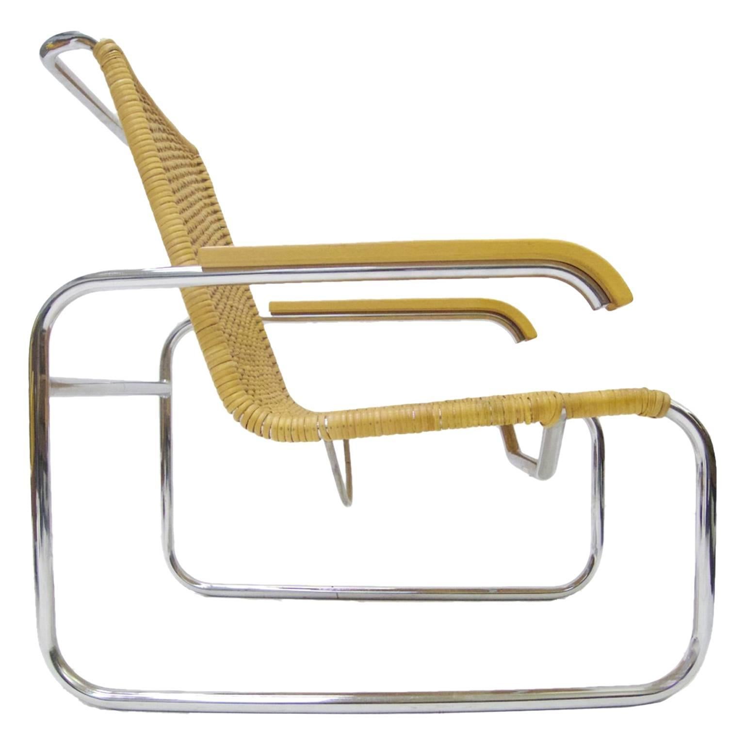 Marcel Breuer B 35 Lounge Chair for Thonet in Chrome and Woven Rattan