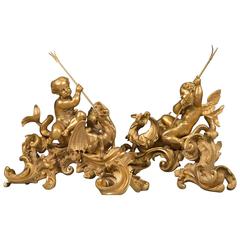 Fine Pair 19th Century French Figural Chenets Depicting Cherubs and Dragons