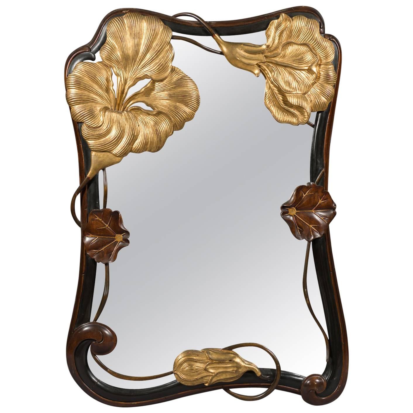 French Art Nouveau Style Carved Lily Pads and Flowers Wall Mirror, circa 1930