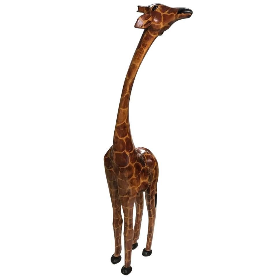 Tall Hand-Carved Wood Standing Giraffe For Sale