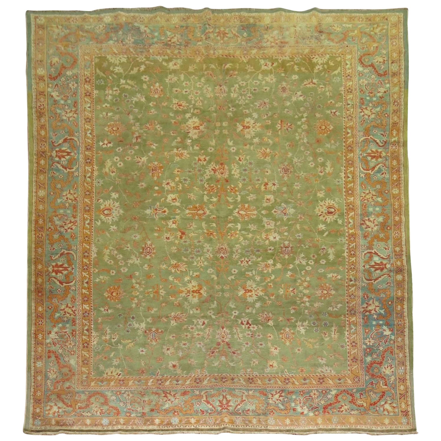 Zabihi Collection Green Antique Turkish Oushak Rug