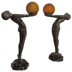 Vintage "Clarte" Pair of Electrified Art Deco Bronzes by Max Le Verrier