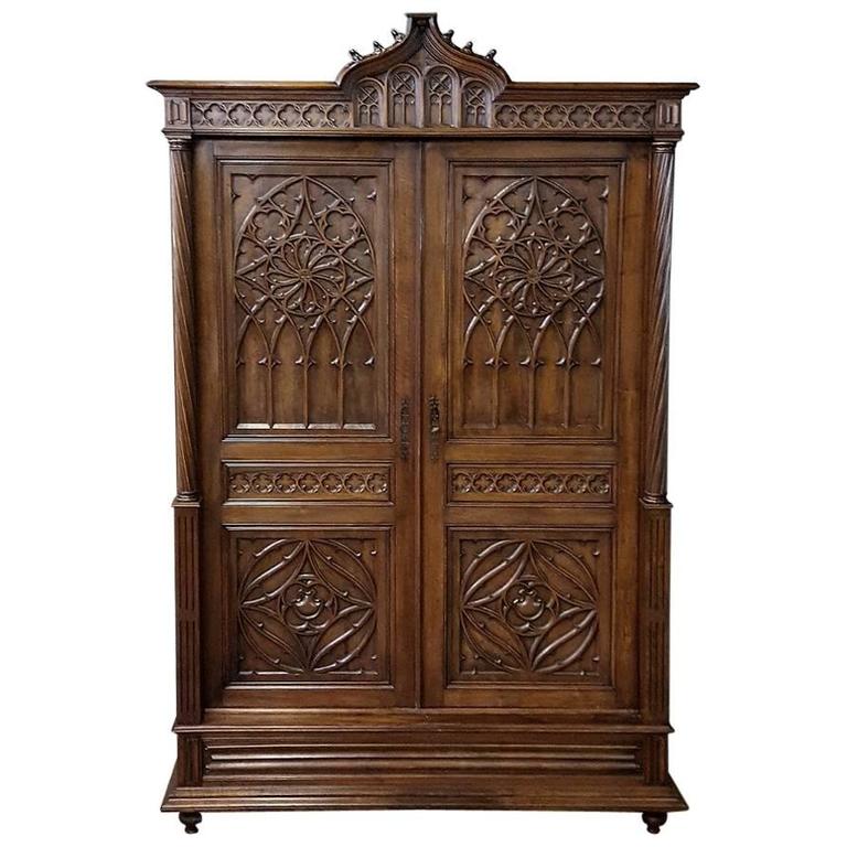 19th Century French Gothic Armoire in HandCarved Solid Walnut, circa