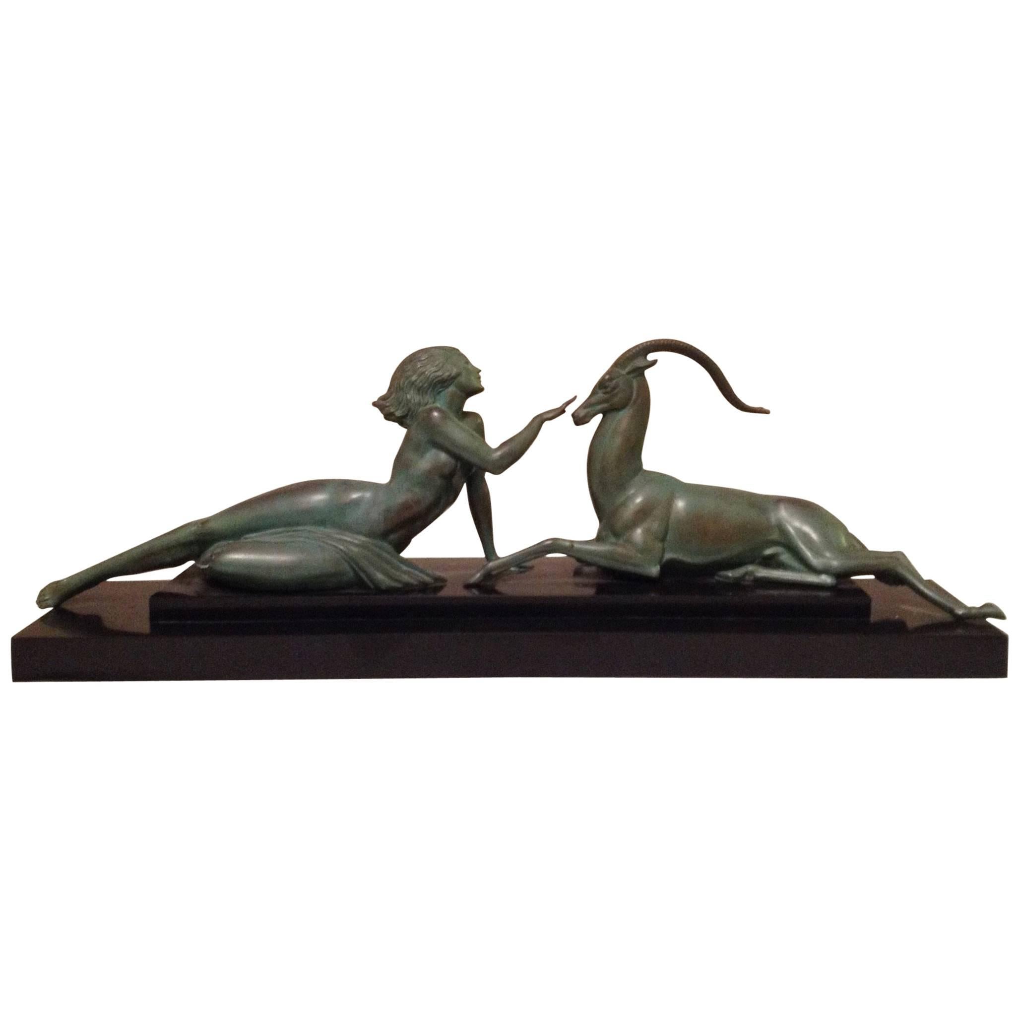 Lady with a Gazelle, Art Deco Bronze by Fayral