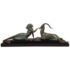 Lady with a Gazelle, Art Deco Bronze by Fayral