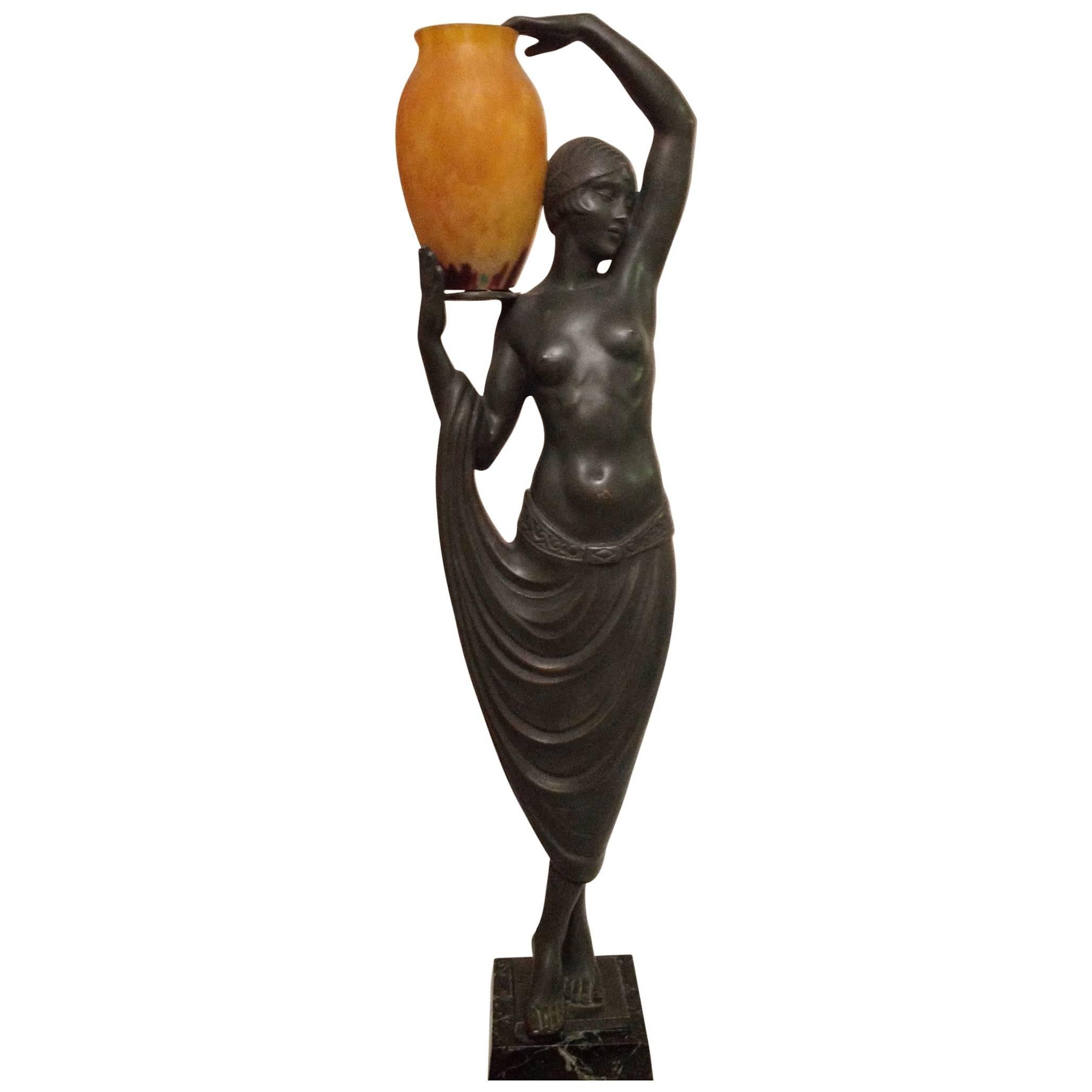 "Grecian Lady with Urn" Fayral Art Deco Bronze with Daum Nancy Electrified Urn For Sale