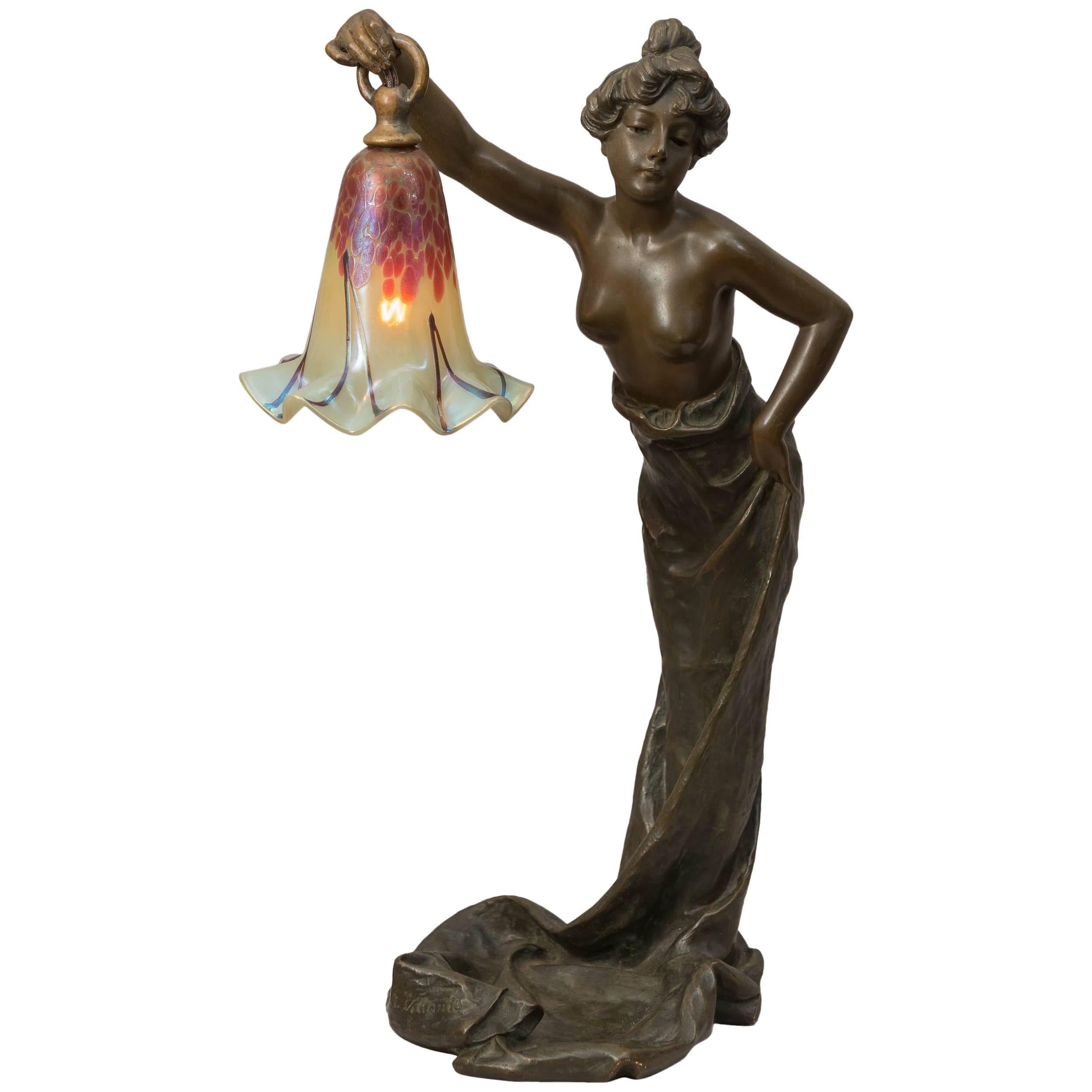 Art Nouveau Bronze and Art Glass Lamp by Villanis