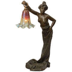 Art Nouveau Bronze and Art Glass Lamp by Villanis