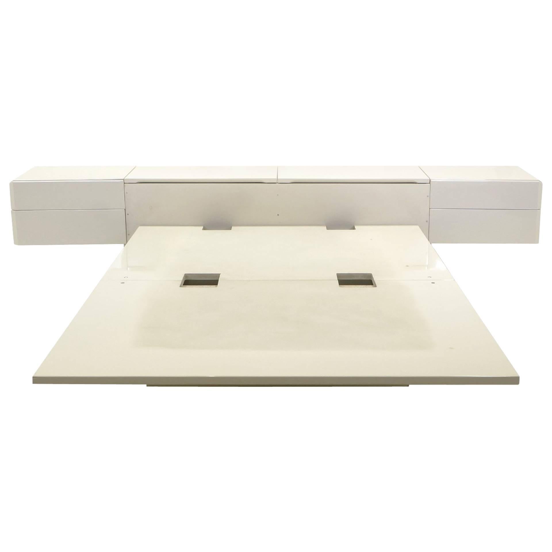 Queen Ivory Platform Bed with Attached Nightstands & Headboard Storage, Rougier