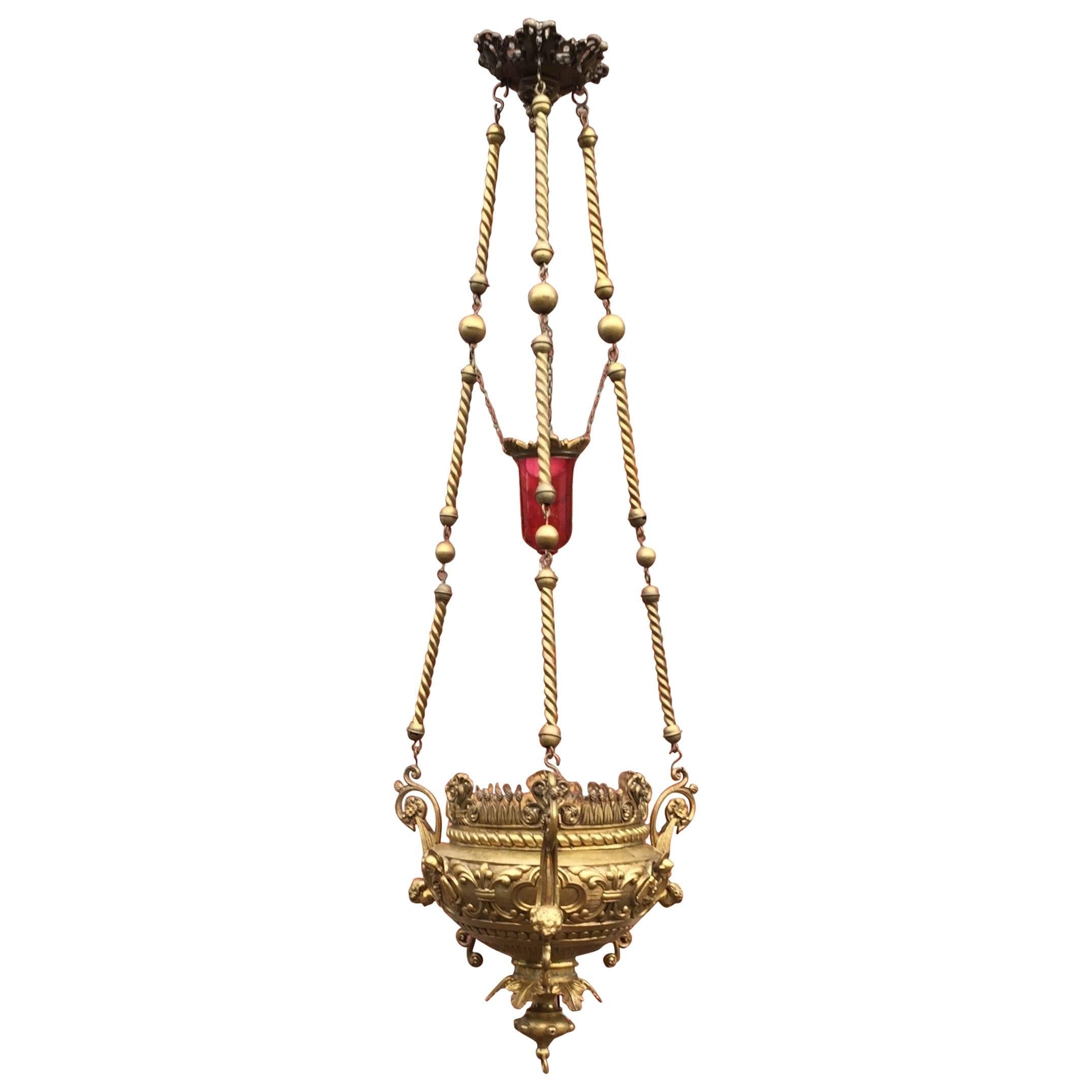 Gothic Revival Heavy Bronze Sanctuary Lamp / Pendant with Glass Candle Holder