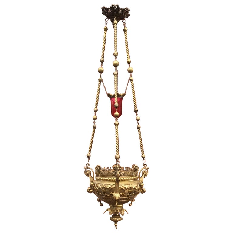 Gothic Revival Heavy Bronze Sanctuary Lamp / Pendant with Glass Candle