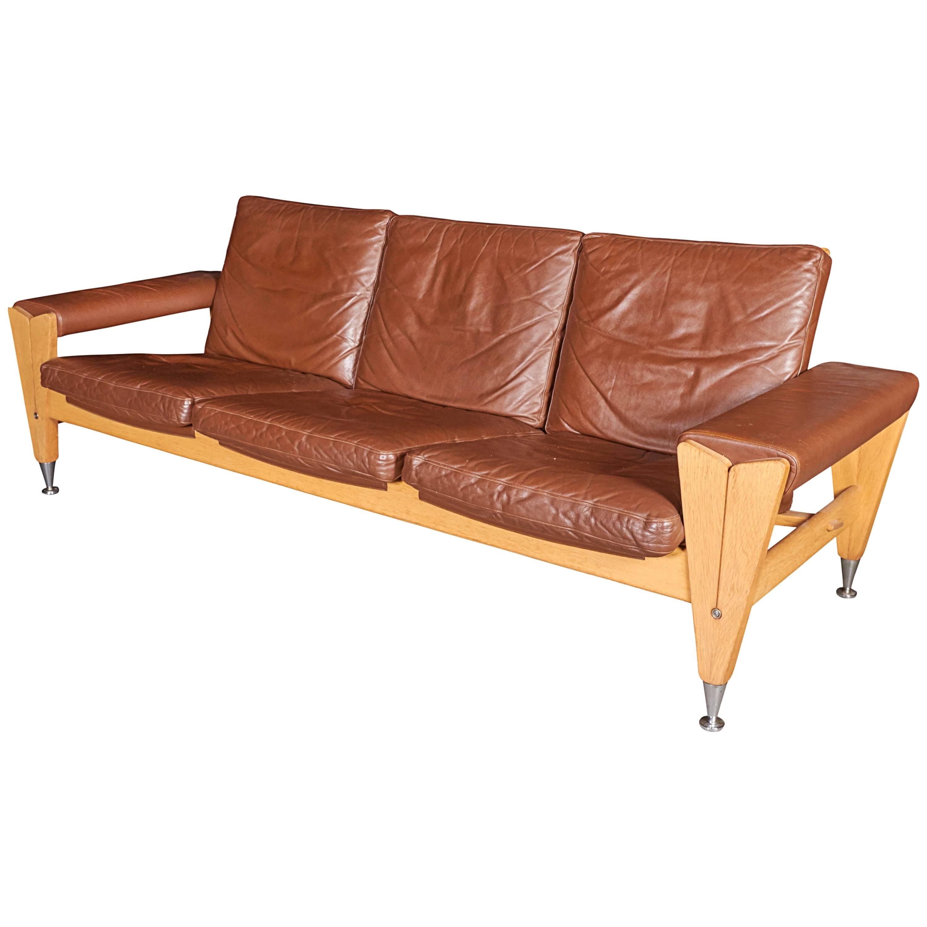 Mid Century Brown Leather Sofa by Hans Wegner