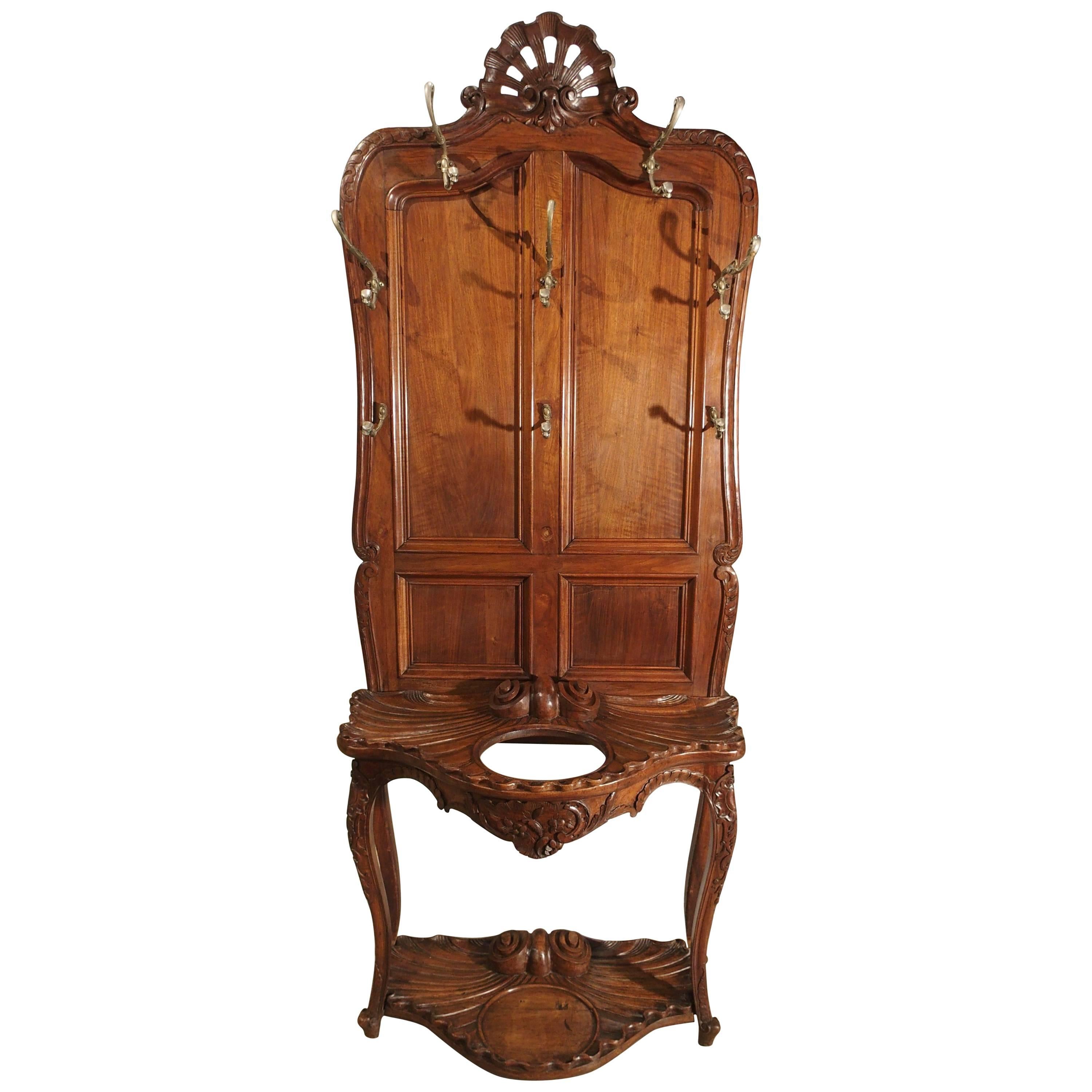 Antique French Walnut Wood Hall Rack and Umbrella Stand, circa 1880 For Sale
