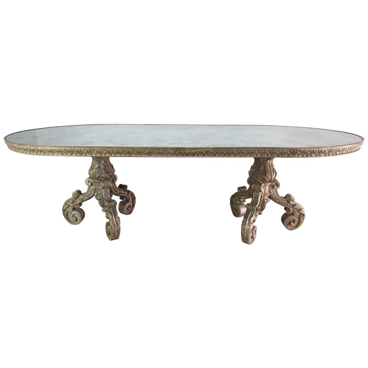Italian Silvered Wood Dining Table with Mirrored Top
