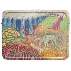 Terry Turrell Painting on Lunch Pail Tin Blue Forest 2