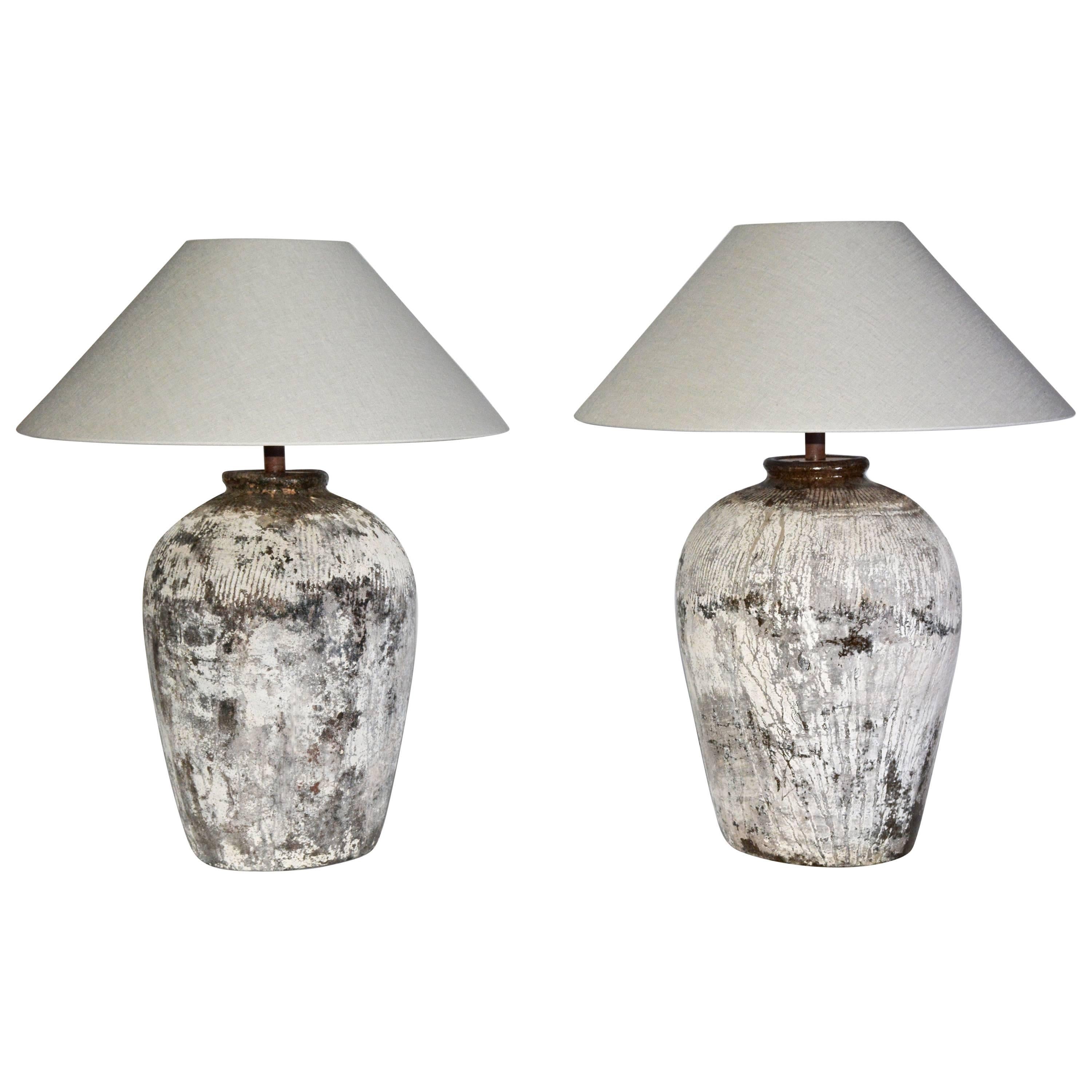Large Rustic Chinese Wine Jar Lamps with Shades, Pair