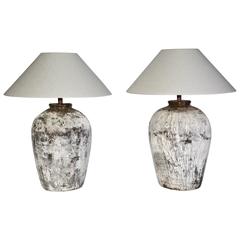 Antique Large Rustic Chinese Wine Jar Lamps with Shades, Pair