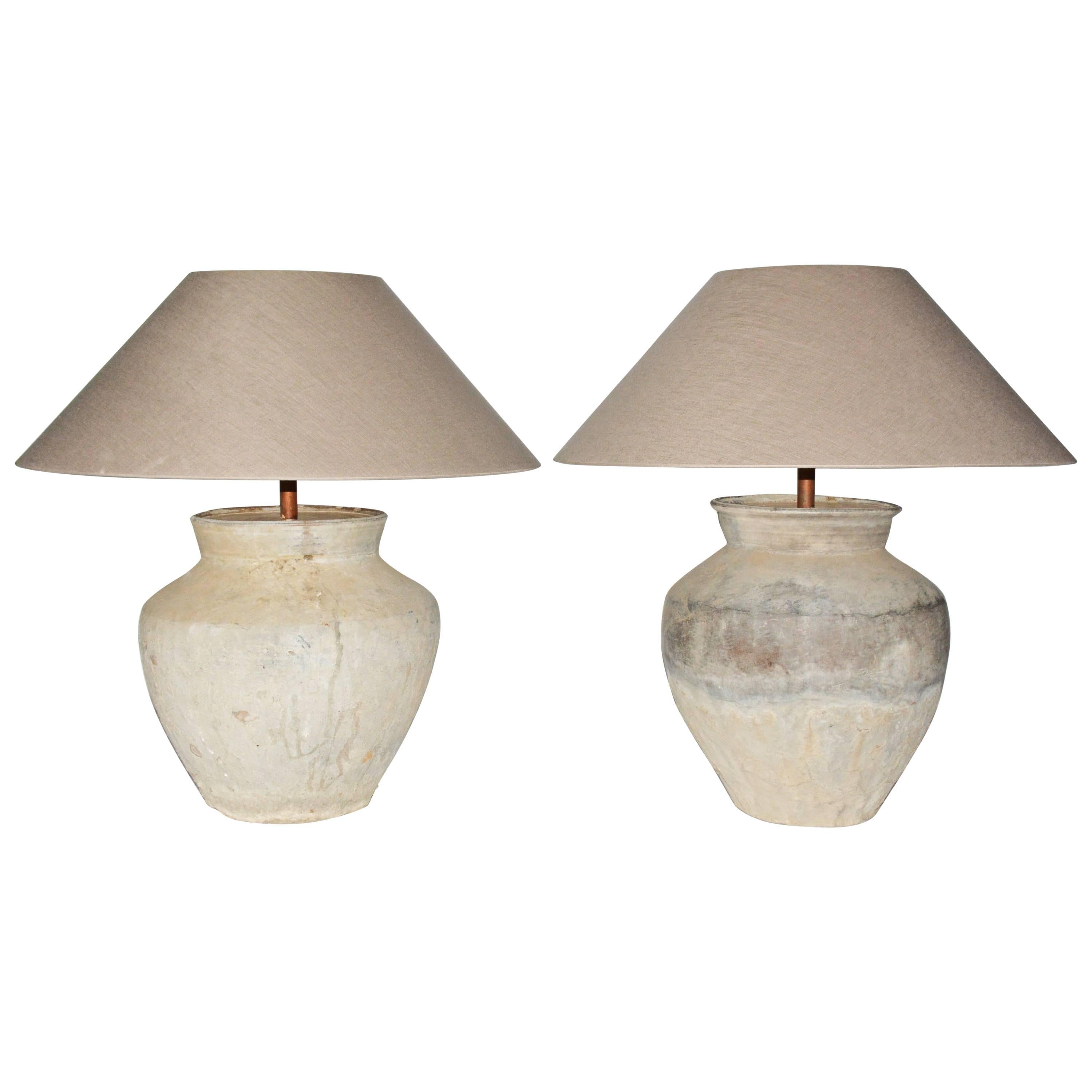 Large Antique Jar Lamps with Shades, Pair