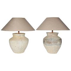 Large Antique Jar Lamps with Shades, Pair